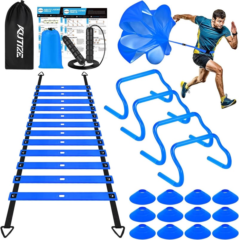 KUTIZE Agility Training Equipment, Soccer Training Equipment, Agility Speed Training Set for Kid Youth Adult, 20FT Agility Ladder, 4 Hurdles,12 Soccer Cones, Jump Rope, Running Parachute, Drill Charts - Image 1